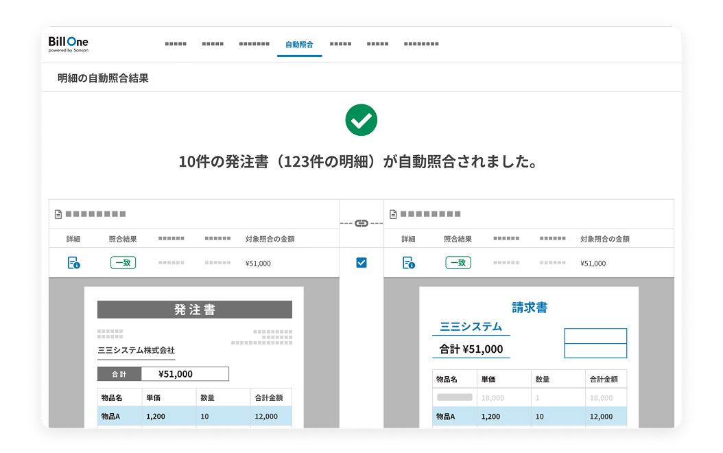 総額・明細単位で自動照合され、<br />確認や判断が必要な箇所がわかる